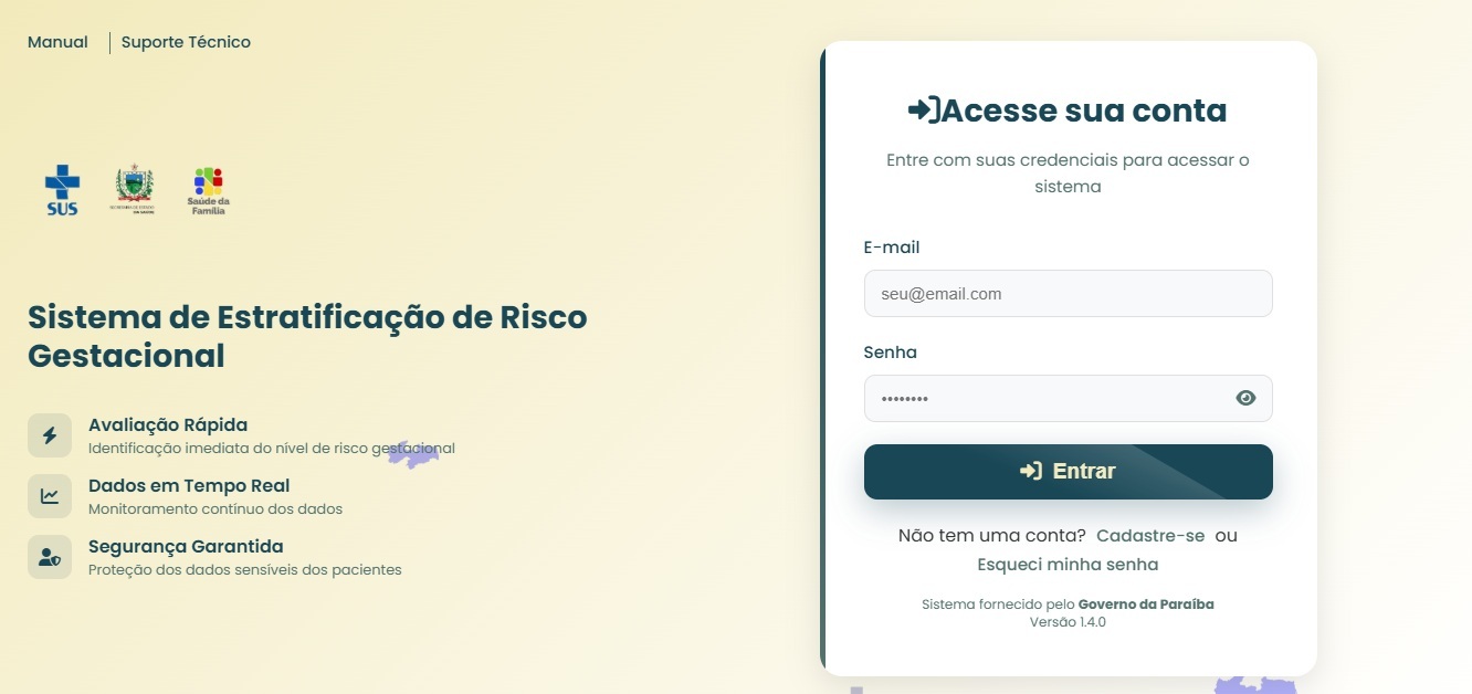 Tela de login do Sistema de Estratificação de Risco Gestacional